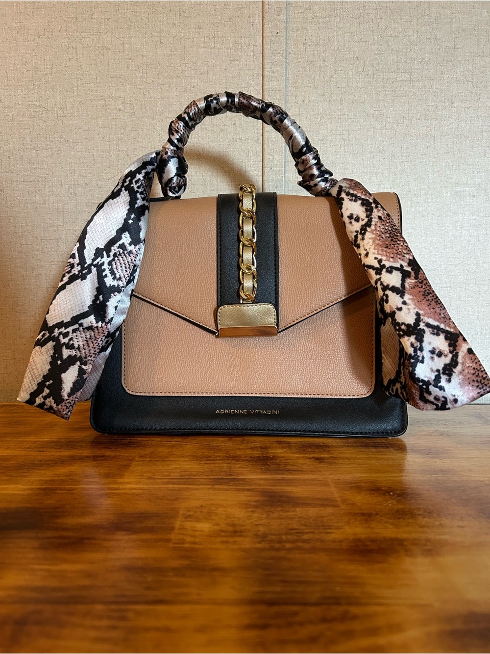 Adrienne Vittadini Two-Tone Tan and Black Top-Handle Satchel with strap